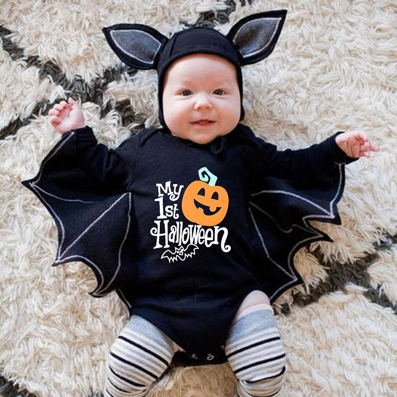 New baby Halloween long-sleeved jumpsuit pumpkin alphabet Halloween baby jumpsuit triangle romper