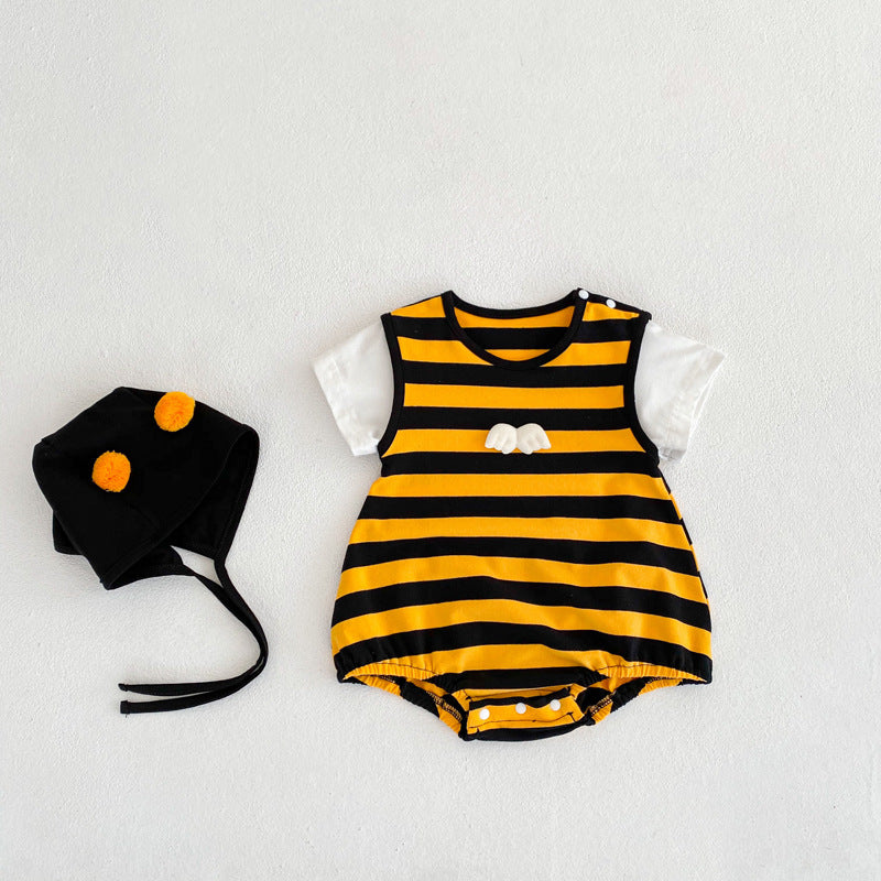 Summer Baby Onesie Small Wings Striped Female Baby Korean Version Hat Romper Children's Triangle Romper