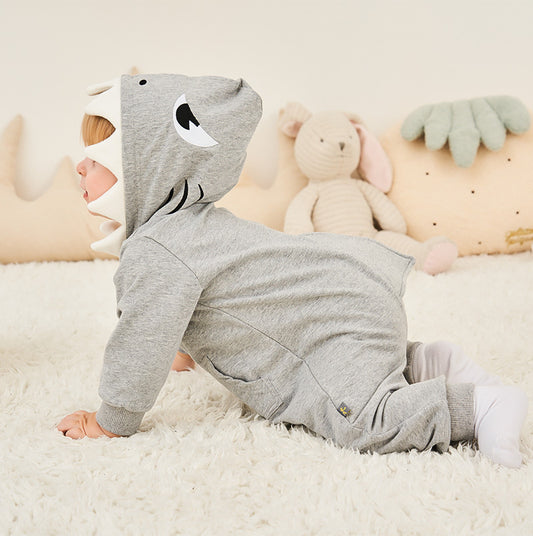 Spring and Autumn Cartoon Shark Baby One Piece Long Sleeve Hooded Baby Romper Full Open Zipper Jumpsuit