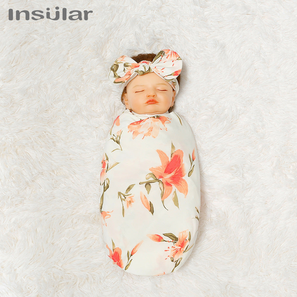 Newborn print wrap baby cap headband three-piece set baby print wrap baby swaddle set