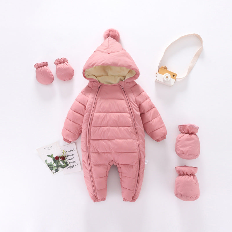 Winter Thickening Newborn Baby Siamese Down Cotton Romper Children's Clothing Baby Hooded Shoes