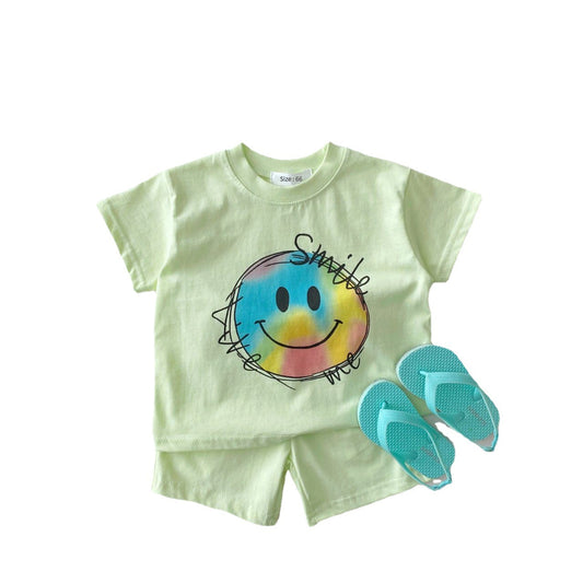 Korean Version Of Ins Summer Baby Boys And Girls Baby Smiley Print Two-Piece Cotton Casual Loose Suit