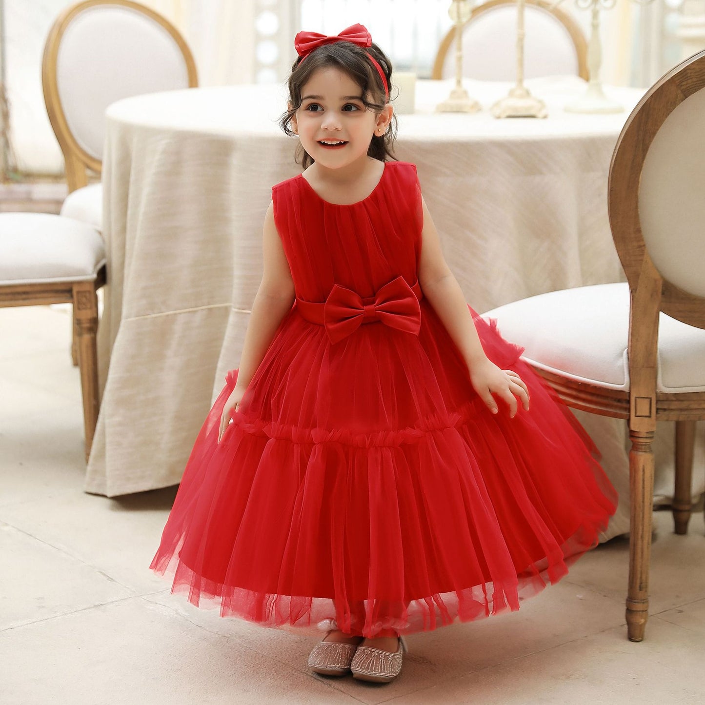 Children's mesh dress princess dress baby fluffy dress baby one year old wedding dress evening dress