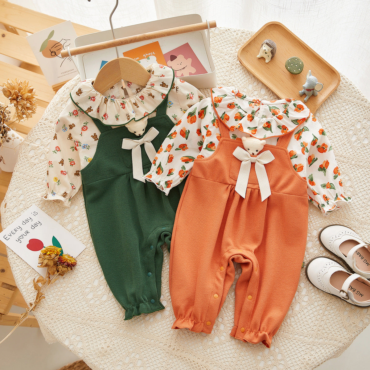 Baby Clothes Autumn New Baby Girl Small Floral Romper Long-Sleeved Bow Fake Two-Piece Baby Clothes