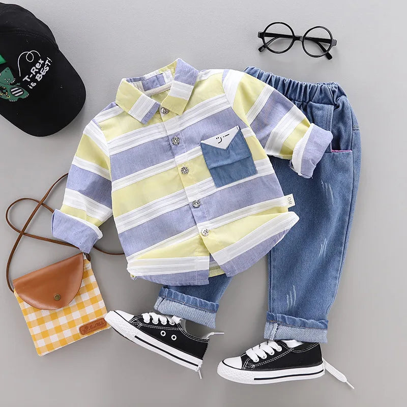 Fashion baby boys clothes spring children clothing gentleman baby boy striped shirt+jeans 2pcs set Newborn baby boy clothes