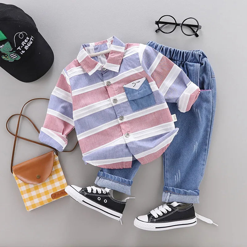 Fashion baby boys clothes spring children clothing gentleman baby boy striped shirt+jeans 2pcs set Newborn baby boy clothes