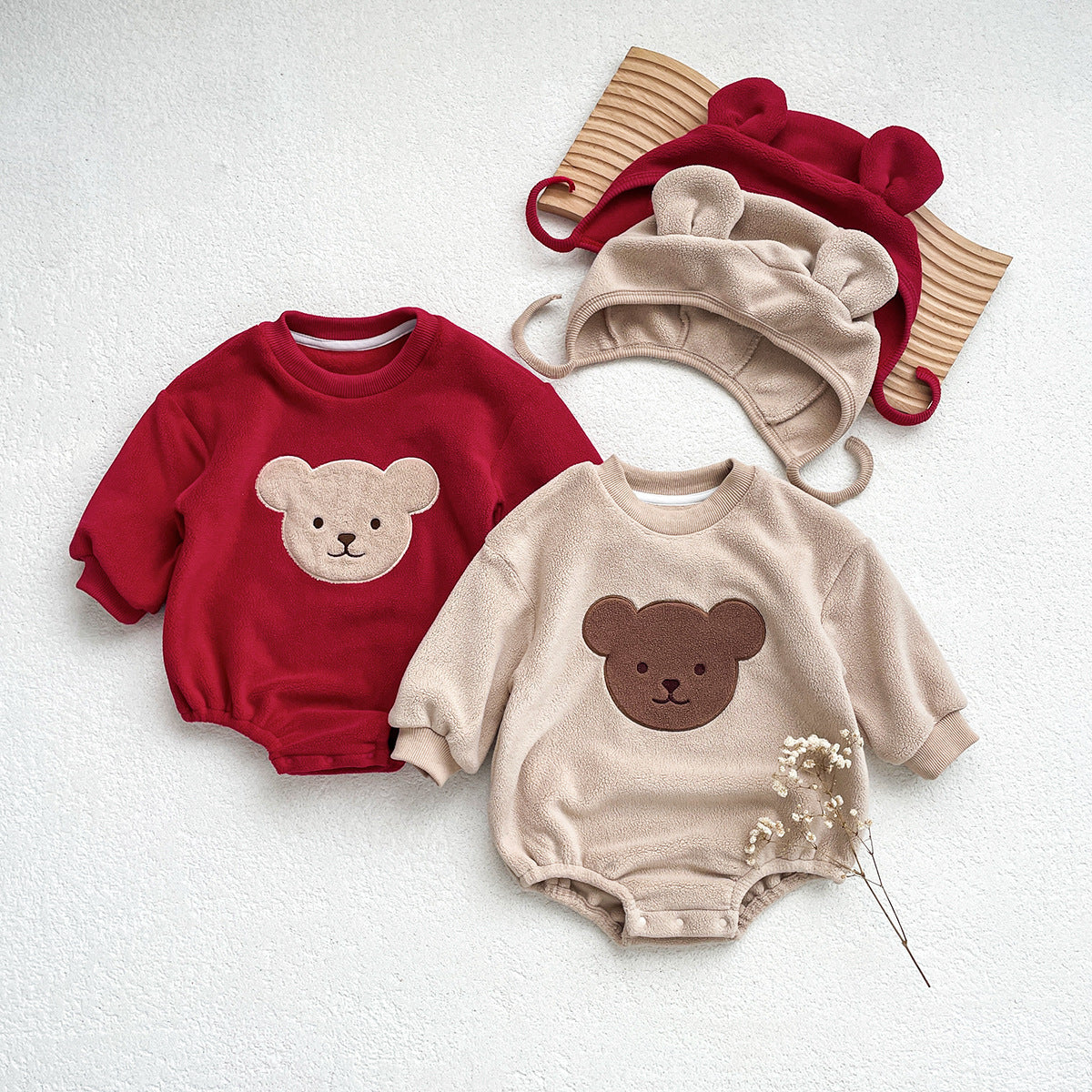 Round Neck Cartoon Bear Warm Plush INS Cute Baby Hooded Romper