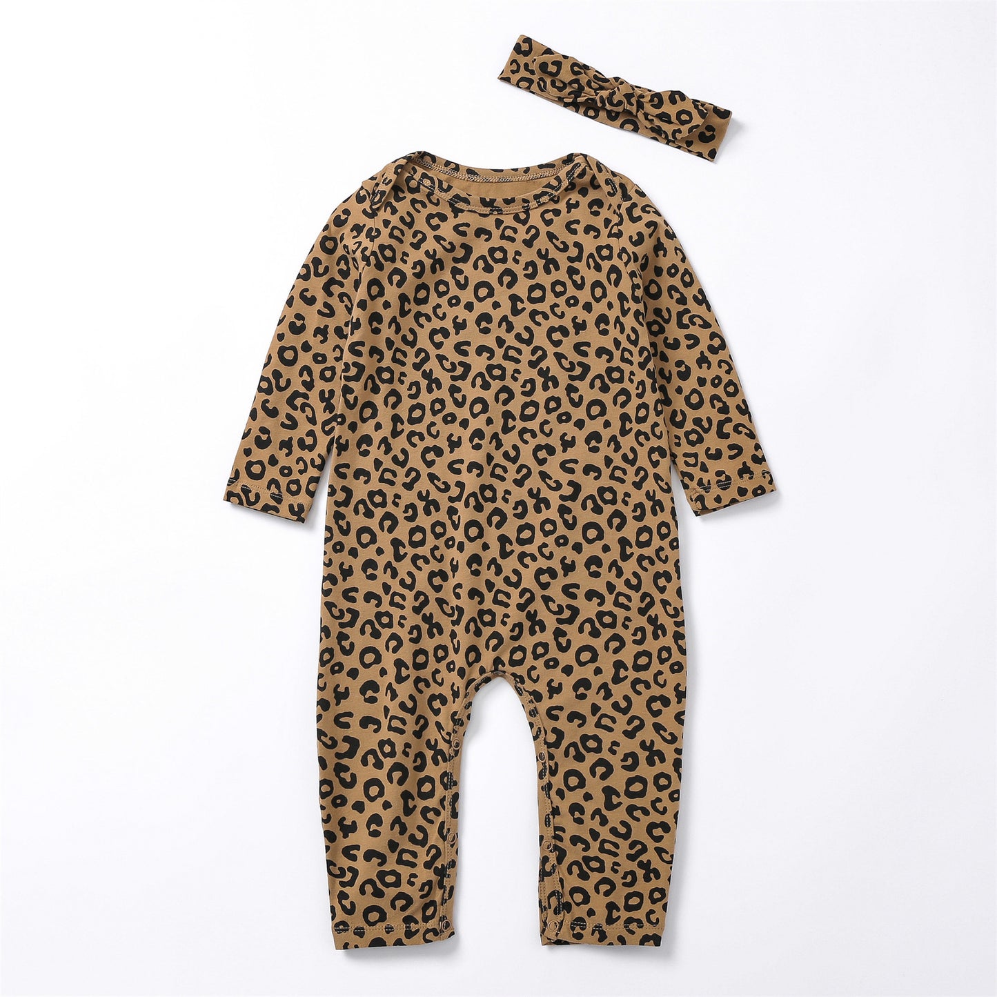 Baby Leopard Print Cotton Long-sleeved Jumpsuit Open-end Romper