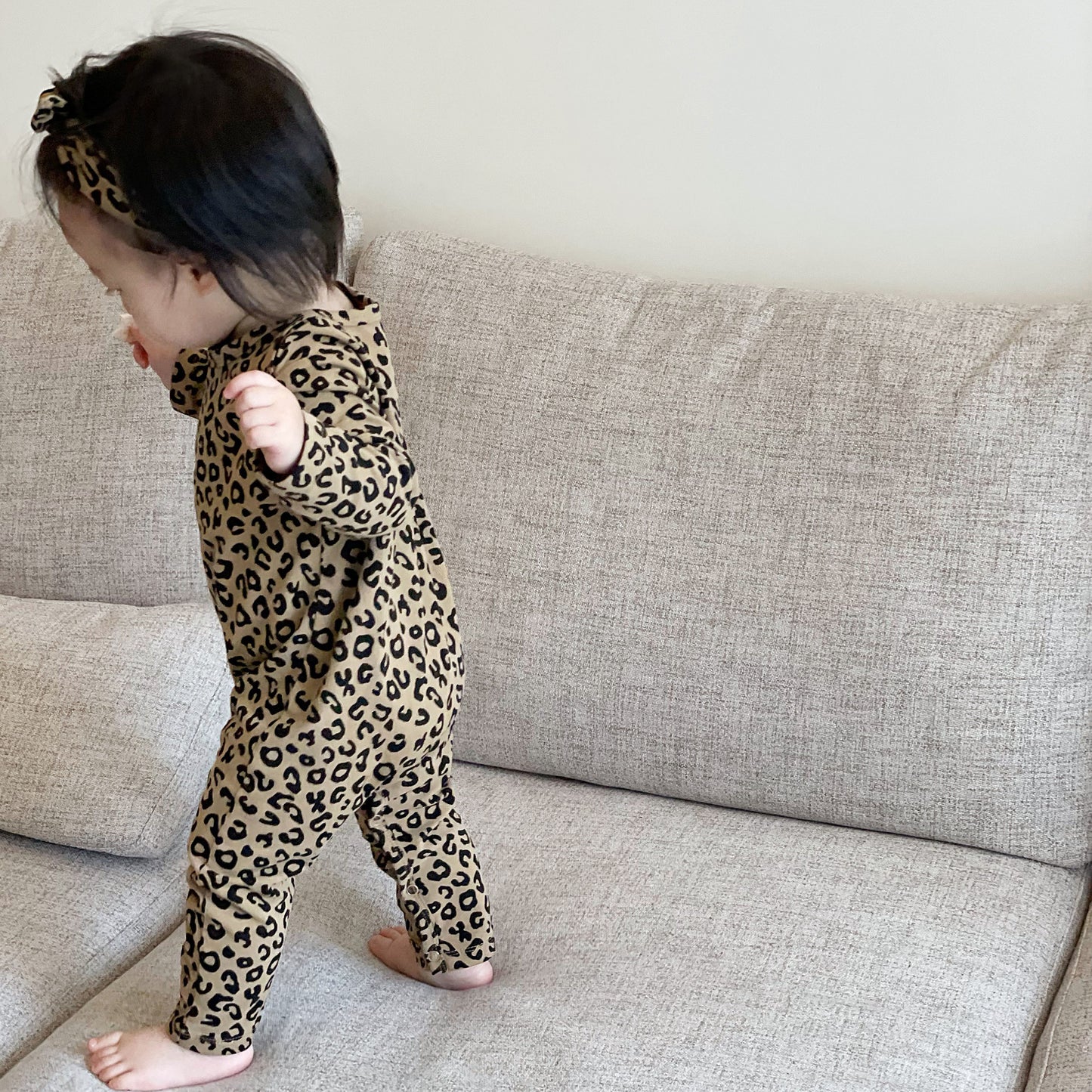 Baby Leopard Print Cotton Long-sleeved Jumpsuit Open-end Romper