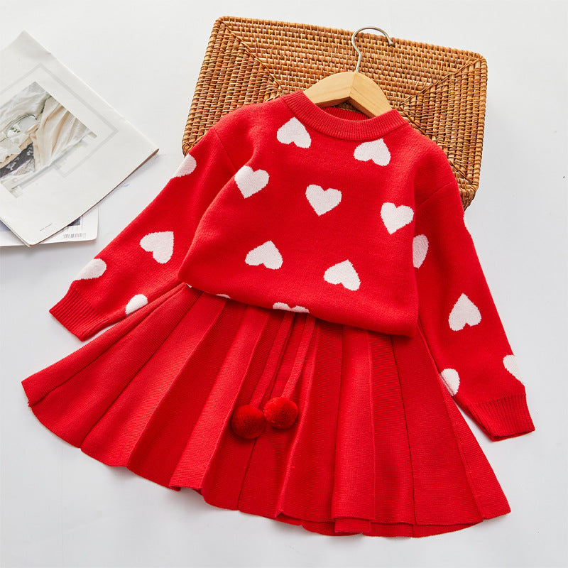 Love Sweater Suit Baby Pullover Pleated Skirt