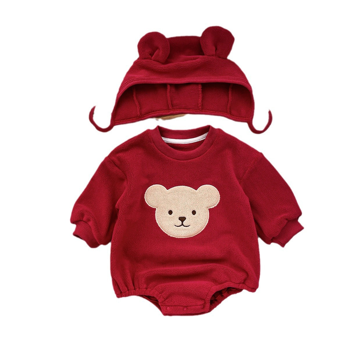 Round Neck Cartoon Bear Warm Plush INS Cute Baby Hooded Romper