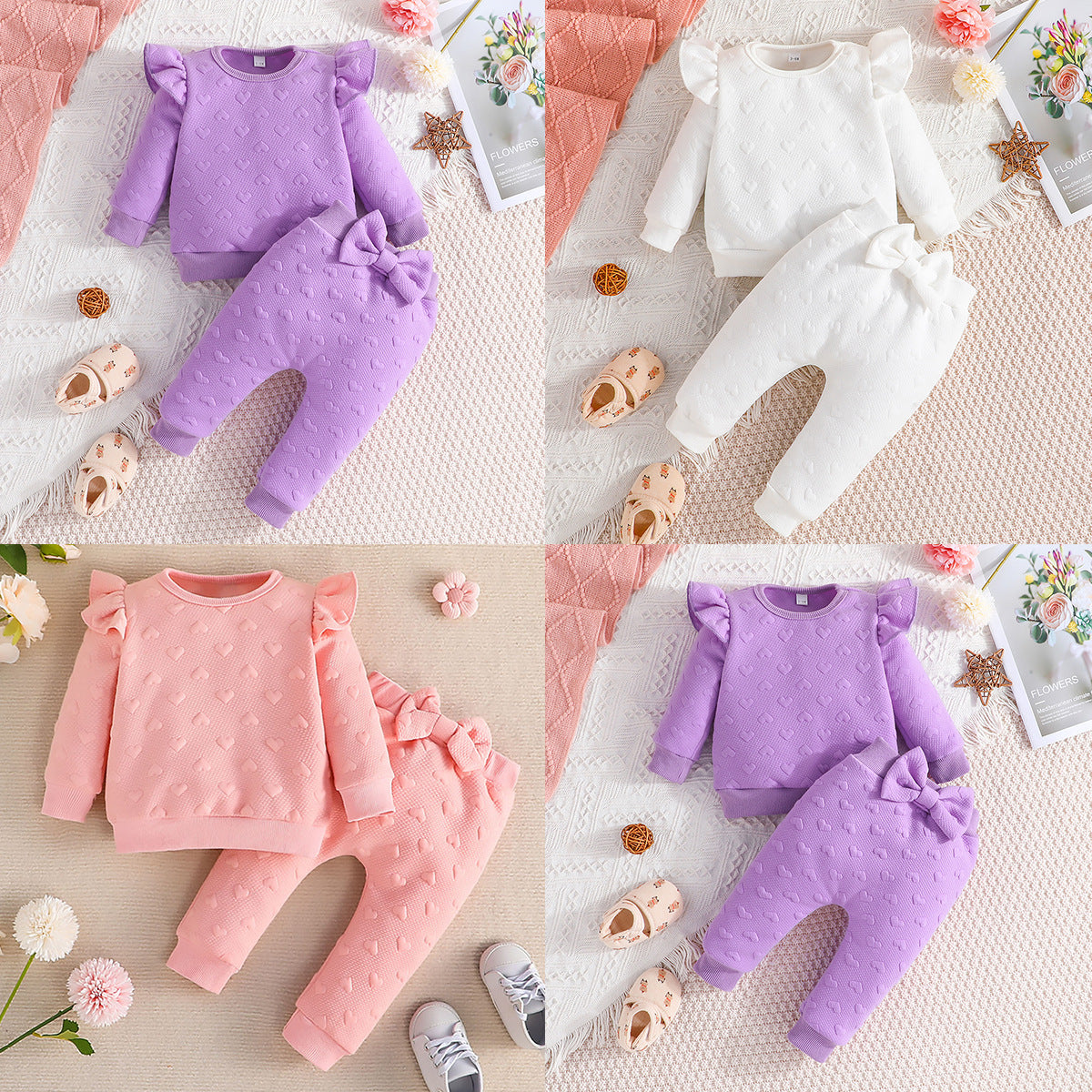 New Baby Girl Feifei Long-sleeved Top Bow Pants Two-piece Set