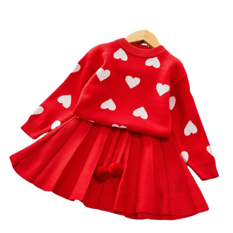 Love Sweater Suit Baby Pullover Pleated Skirt