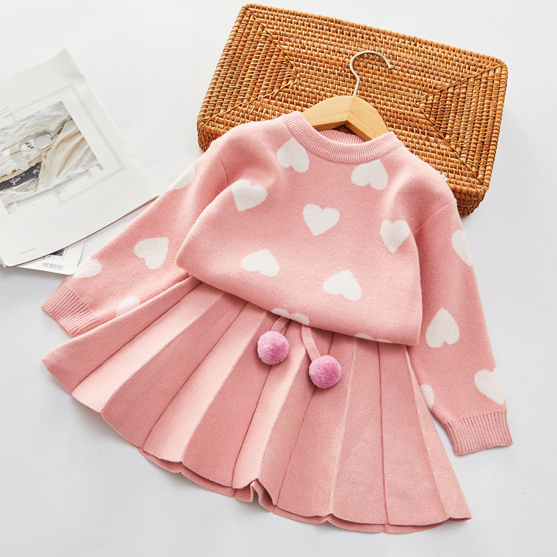 Love Sweater Suit Baby Pullover Pleated Skirt