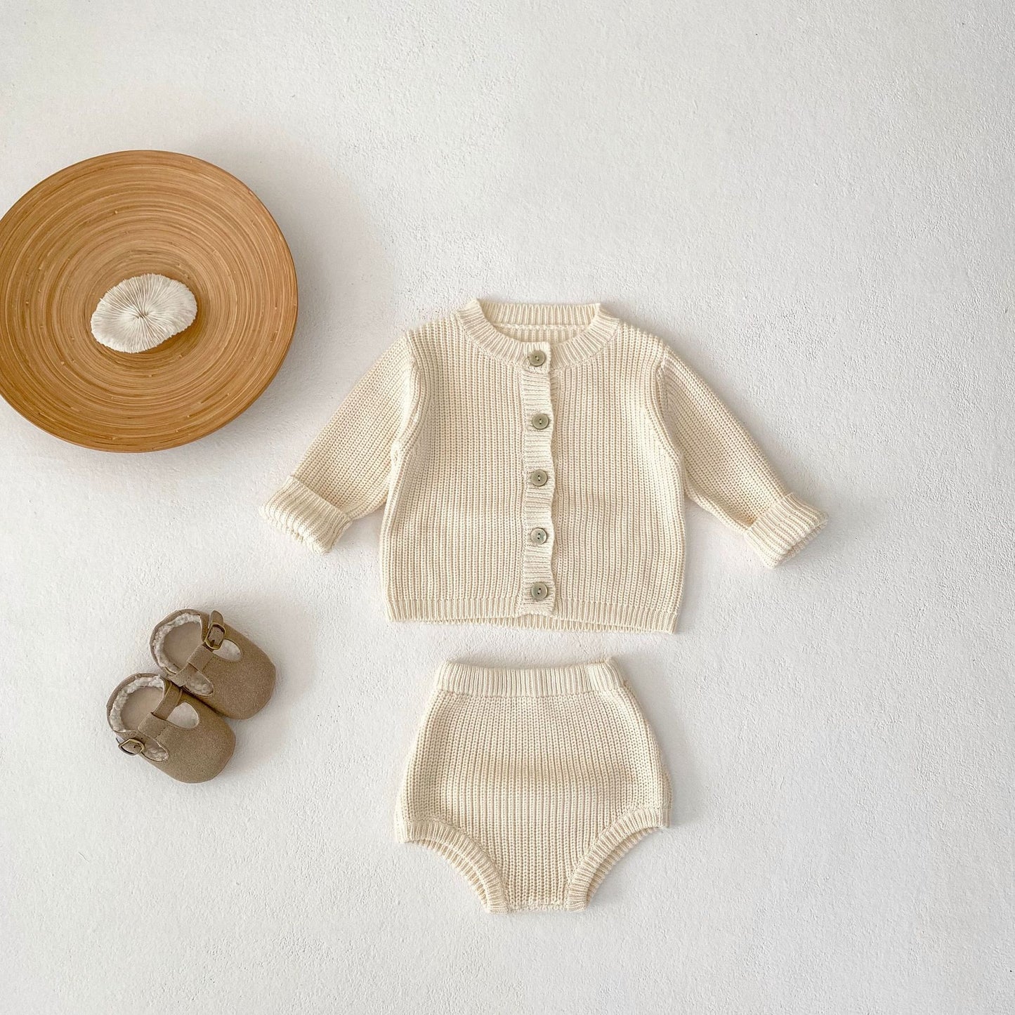 Baby Solid Color Knitted Long Sleeve Two-piece Pants