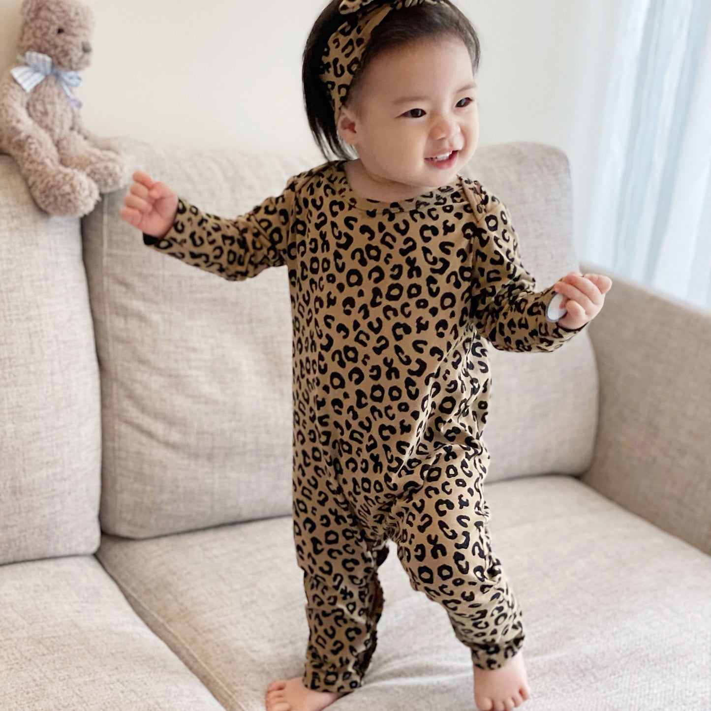 Baby Leopard Print Cotton Long-sleeved Jumpsuit Open-end Romper