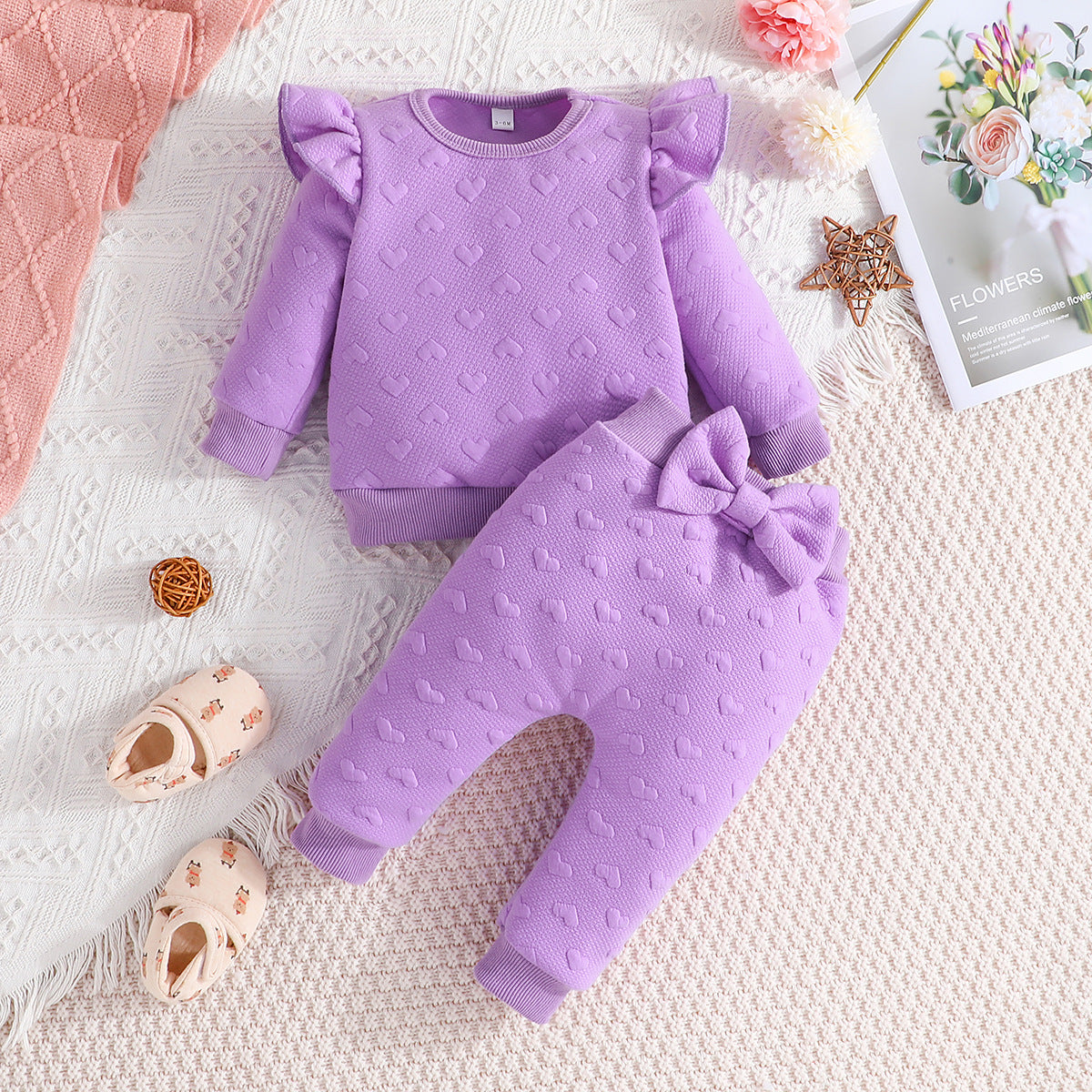 New Baby Girl Feifei Long-sleeved Top Bow Pants Two-piece Set