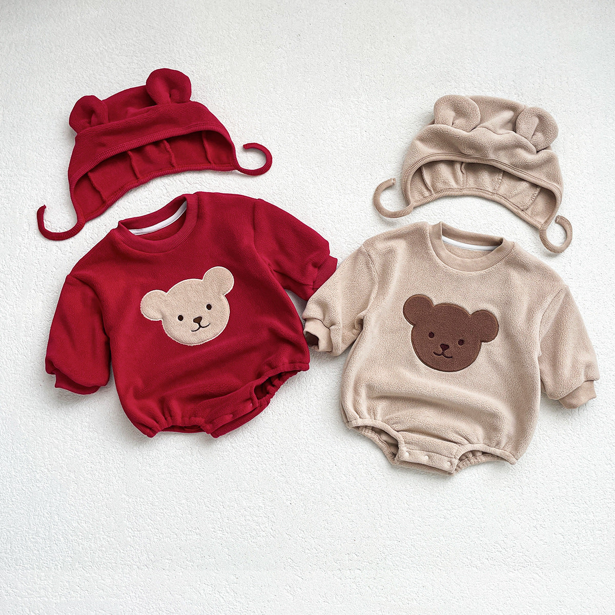 Round Neck Cartoon Bear Warm Plush INS Cute Baby Hooded Romper