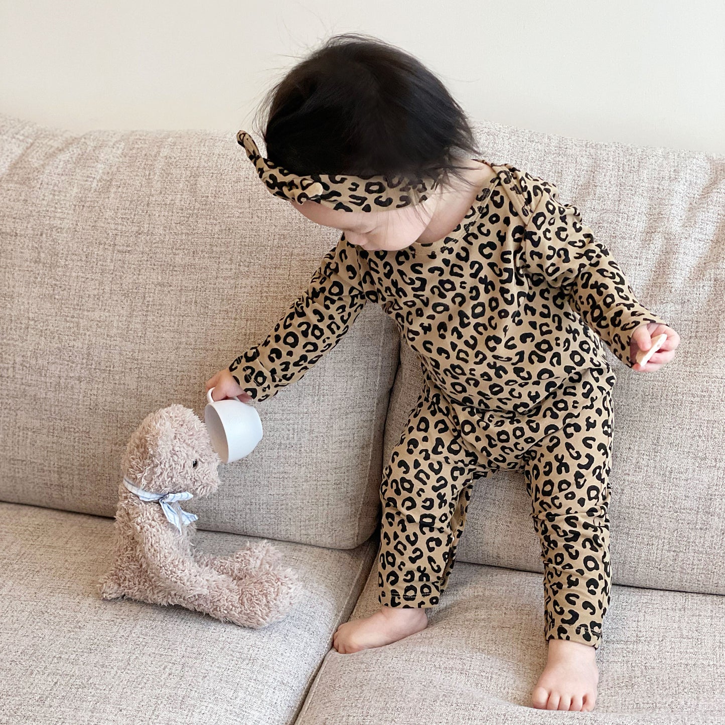 Baby Leopard Print Cotton Long-sleeved Jumpsuit Open-end Romper