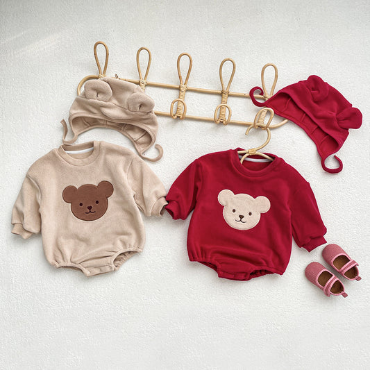 Round Neck Cartoon Bear Warm Plush INS Cute Baby Hooded Romper