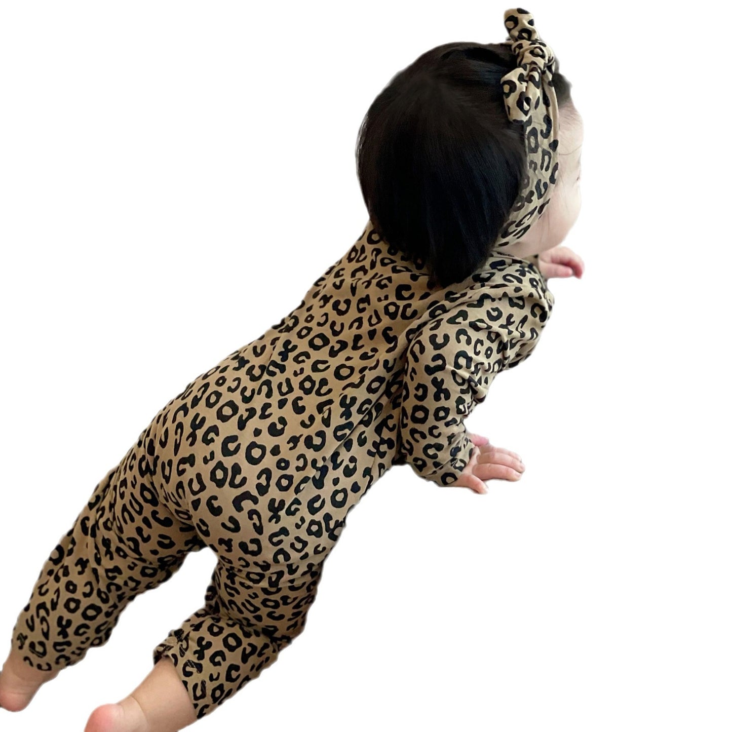 Baby Leopard Print Cotton Long-sleeved Jumpsuit Open-end Romper