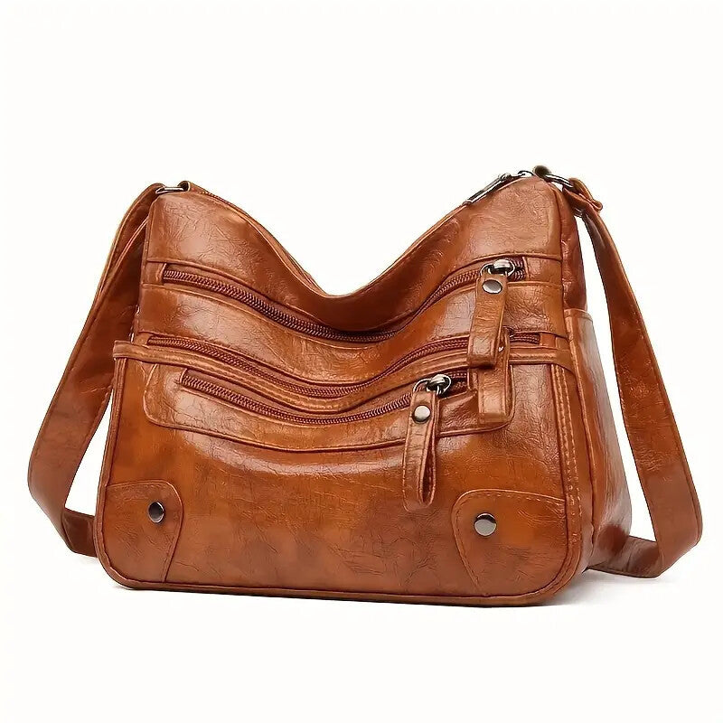 Women Shoulder Bag Large Capacity Washed Leather Messenger Bags Multi Zipper