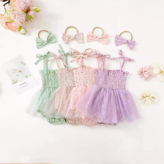 Baby Girl Mesh Camisole Princess Dress With Bowknot Headwear