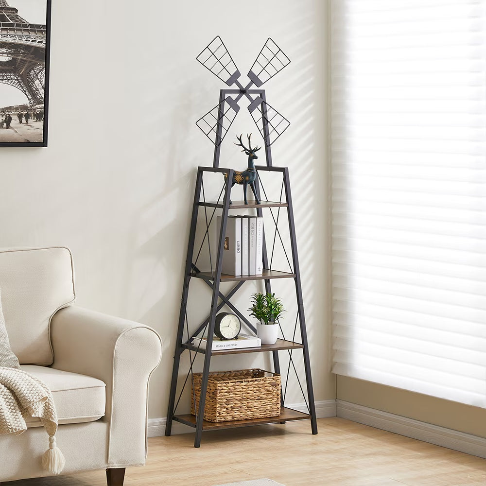 4-Tier Bookshelf,Display Storage Shelves With Metal Frame,Bookcase Organizer With Windmill For Living Room,Home Office